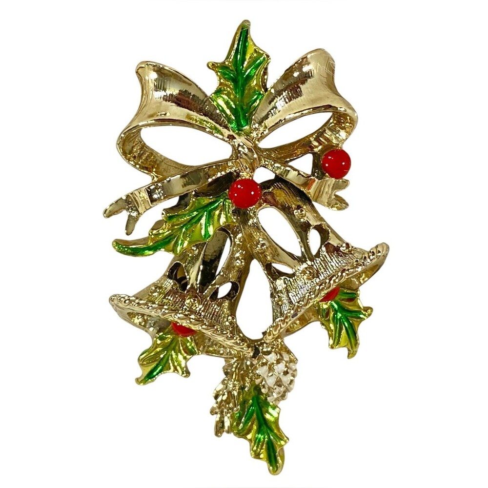 Gerrys Vintage Holly Berries Bell Brooch Gold Tone Red Green Enameled Holiday